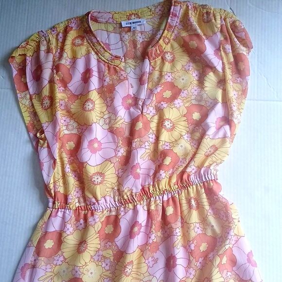 Steve Madden Pink and Yellow Flutter Sleeve Sundress Leigh Midi Chiffon Floral M - Picture 12 of 14